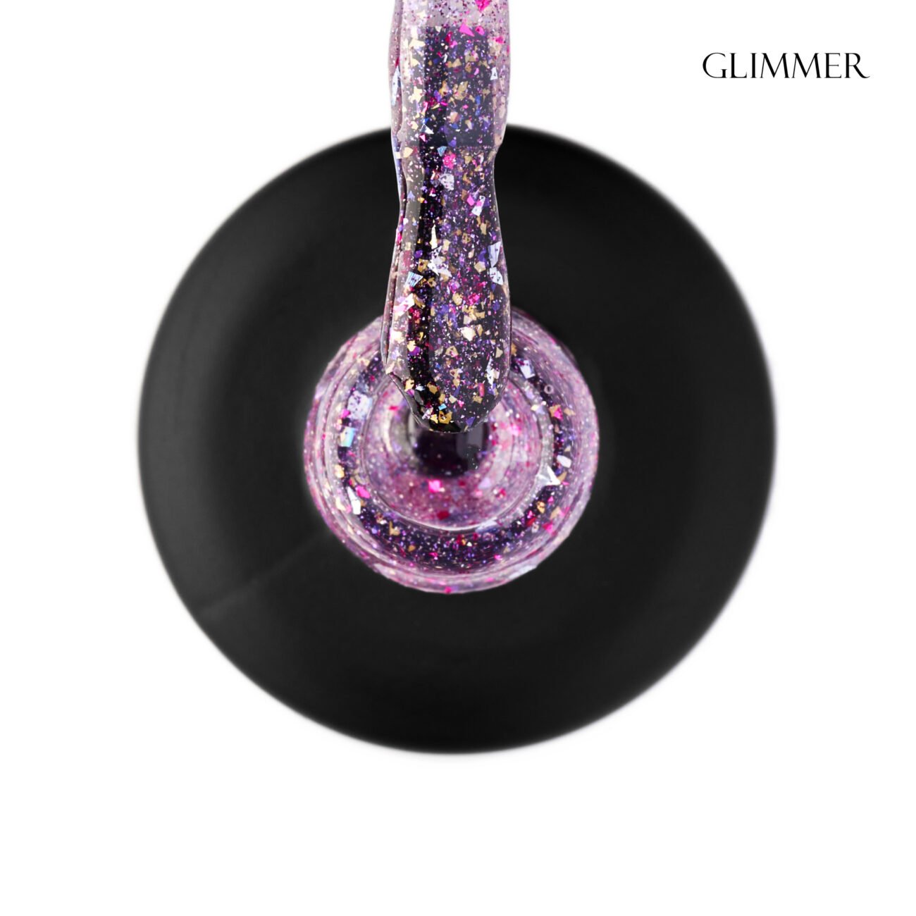 Топ для гель-лаку GLOSS Shine top coat Glimmer, 11 мл (прозорий з рожевим підтоном, з галографічною поталлю та рожевими блискітками)